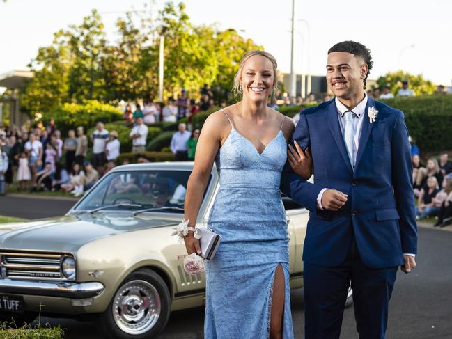 Bridget Fraser and Yarran Duncan arrive at Harristown State High School formal at Highfields Cultural Centre, Friday, November 18, 2022. Picture: Kevin Farmer