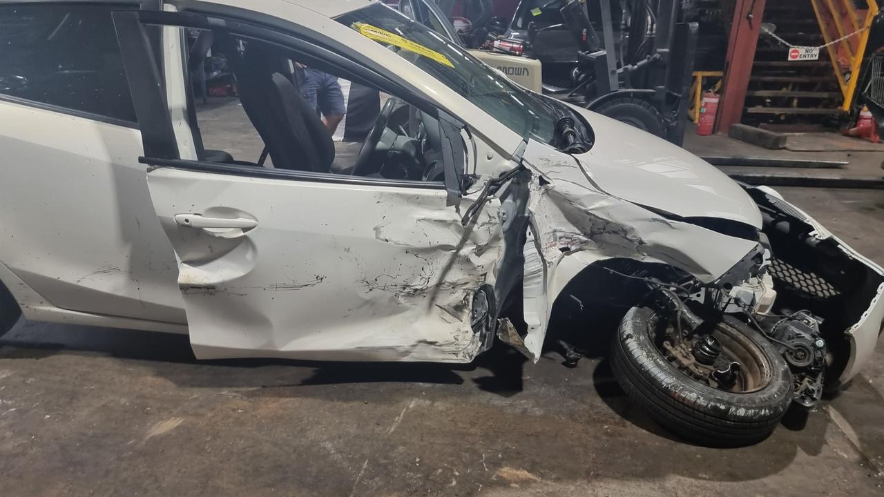 The wreckage of an 83-year-old woman's car following a hit and run in Cranley on Tor St at 6.45am on Thursday, February 15 2024.