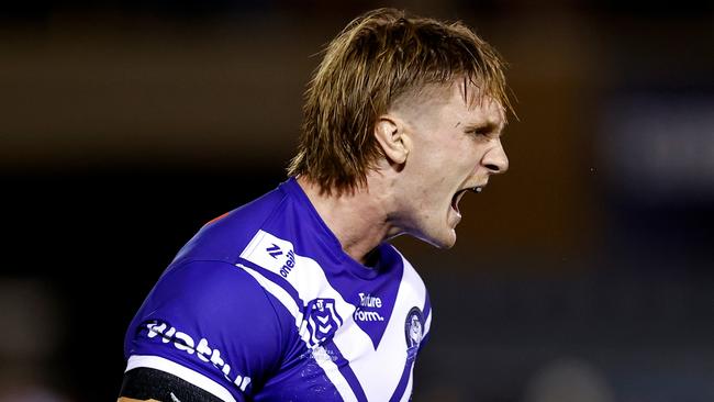 Jacob Preston of the Bulldogs celebrates scoring a try during the round 4 NRL match between Cronulla Sharks and Canterbury Bulldogs at Shark Park. (Photo by Brendon Thorne/Getty Images)
