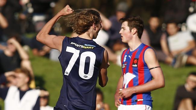 Jacob Edwards of the Dragons celebrates a goal during the NAB League Boys match between the Sandringham Dragons and the Oakleigh Chargers at Moorabbin. Photo: Cameron Grimes/AFL Photos.