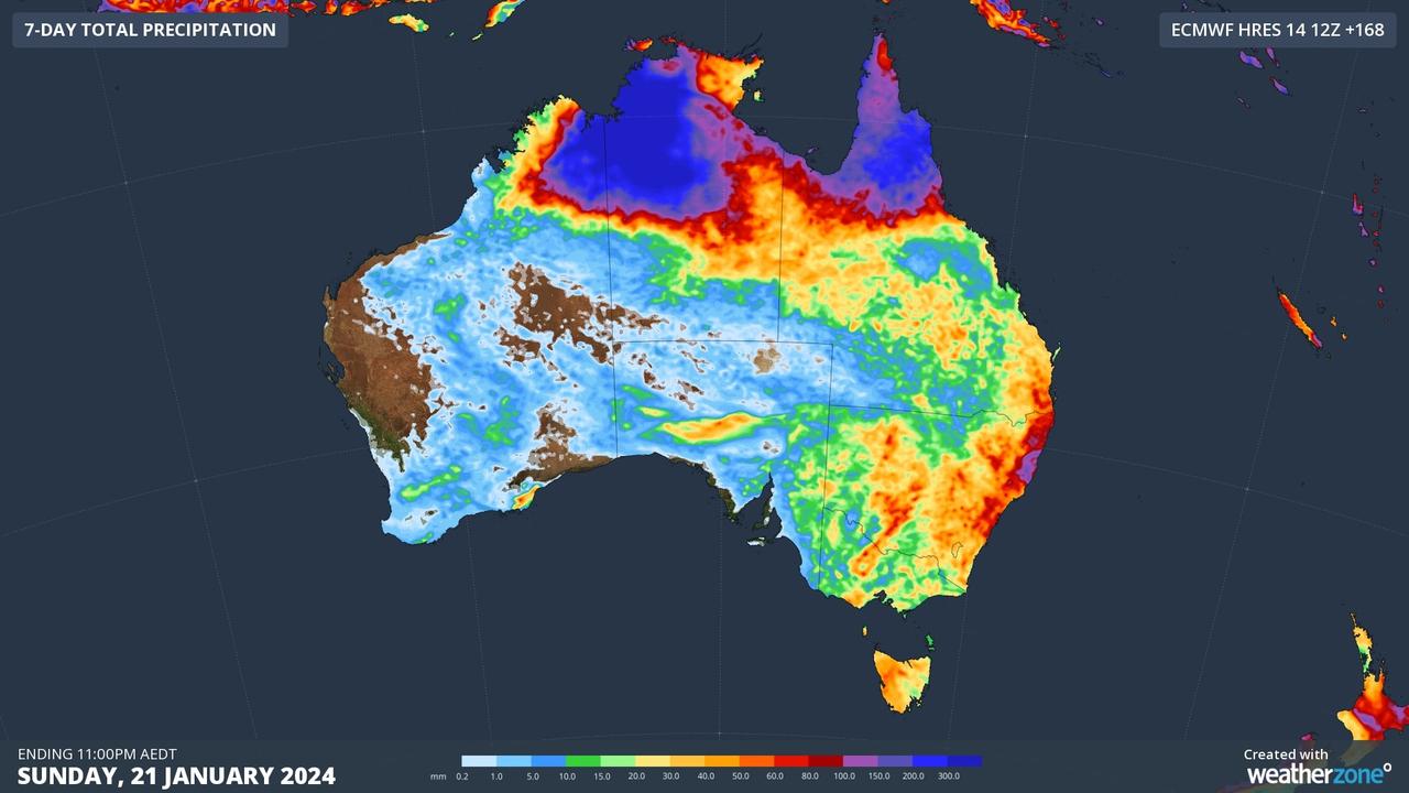 Forecast accumulated rain during the seven days ending on Sunday, January 21, 2024. Photo: WeatherZone