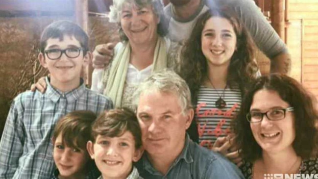 61-year-old Peter Miles (centre), with his wife Cynda Miles (back), their daughter Katrina Miles (r) and her four children. Picture: Courtesy of Nine News