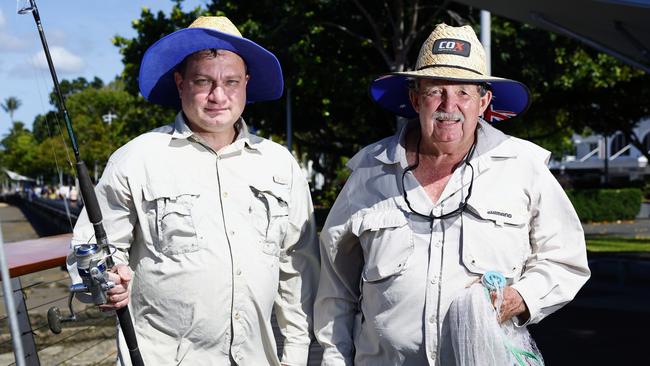 Recreational fishermen Gerry Vallianos and Colin Ford are outraged feared a fishing ban would be imposed on the Cairns Esplanade earlier this year. Picture: Brendan Radke