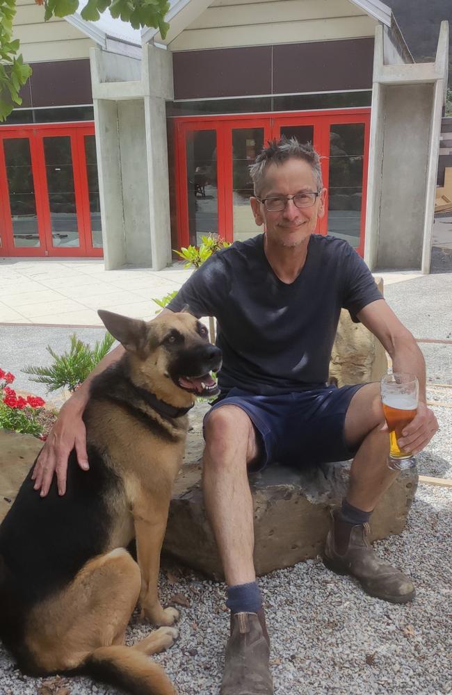 Lot 40 Derby head distiller and owner Tim Kemsley, who is opening the brewery and gin distillery with wife Kate Brown, depicted with dog Jo. Picture: Supplied