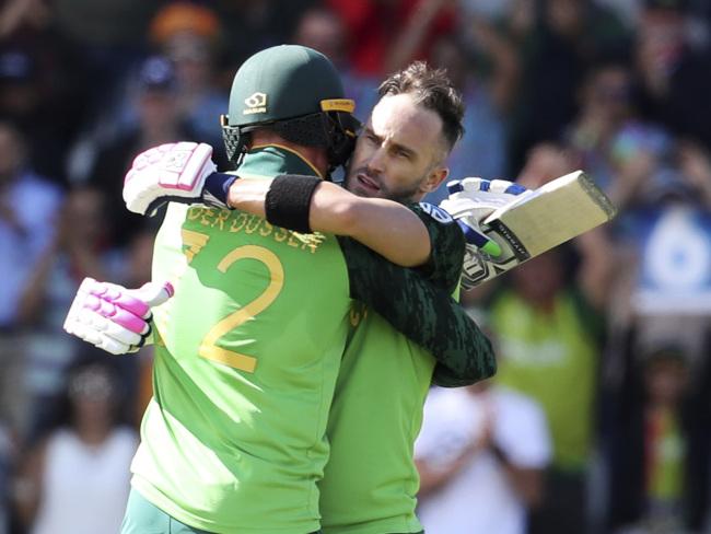 South Africa's captain Faf du Plessis, right, celebrates with South Africa's Rassie van der Dussen after scoring a century. Picture: AP