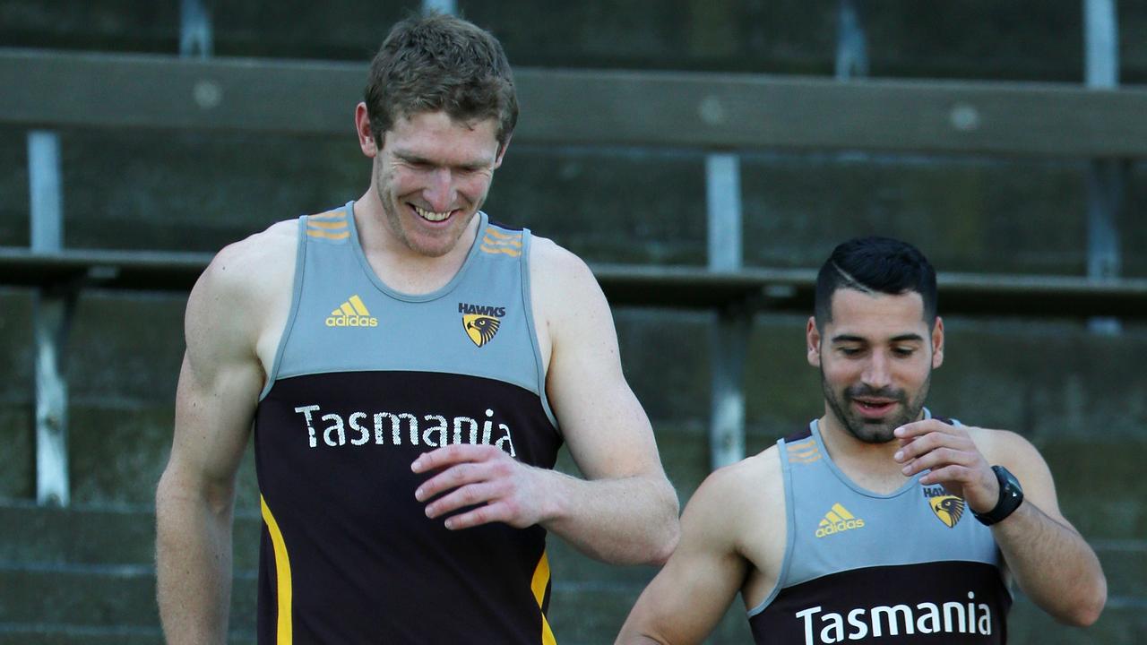 Ben McEvoy and Paul Puopolo at Hawthorn training in 2014. Picture: Mark Dadswell