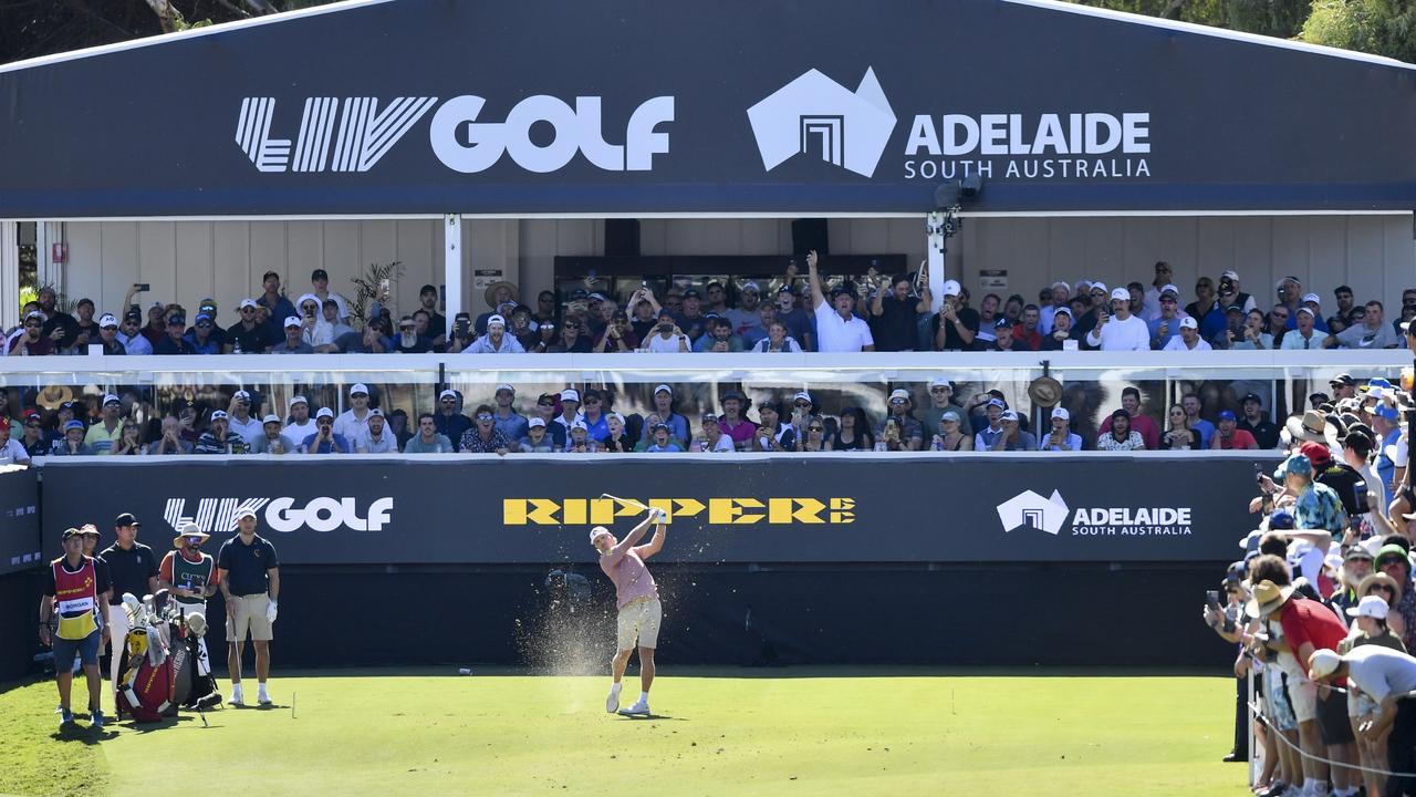 ADELAIDE, AUSTRALIA - APRIL 23: Jed Morgan of the Ripper GC hits an iron off the 12th tee during day three of Liv Golf Adelaide at The Grange Golf Course on April 23, 2023 in Adelaide, Australia. (Photo by Mark Brake/Getty Images)