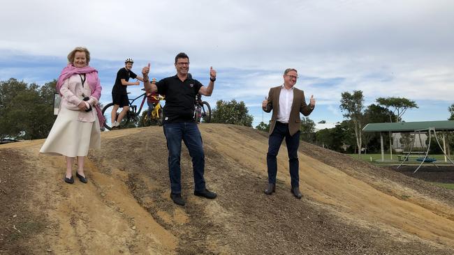 PUMPED: Ben Franklin MLC with Cr Neil Marks and general manager Shelley Oldham at Nesbitt Park in South Lismore to announce funding to upgrade the BMX track to a asphalt pump track.