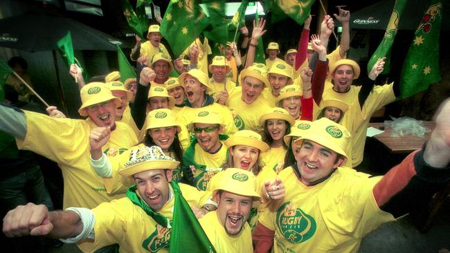 rugby union fans, the Bundy Good Timers, ham it up at the Swan before the game against England in 2003.