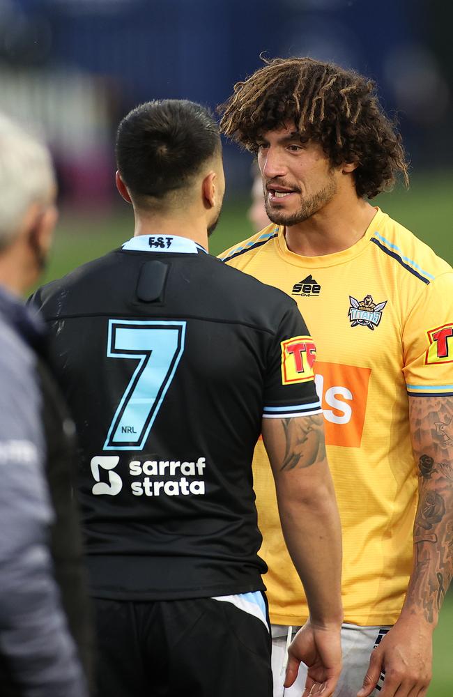 Kevin Proctor and Shaun Johnson speak after the match and after that biting incident. Picture: Phil Hillyard