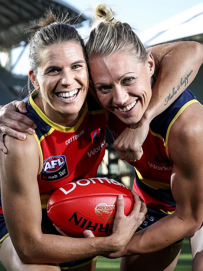 Randall and former co-captain Erin Phillips had never met before football brought them together. Picture: Sarah Reed