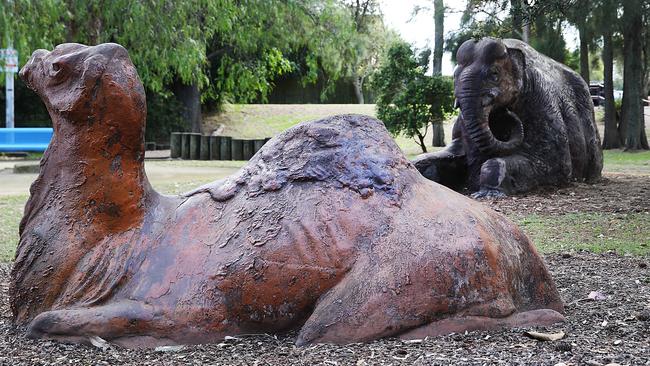 A camel and an elephant in the sculpture zoo at Sir Joseph Park, Botany. Picture: Danny Aarons)