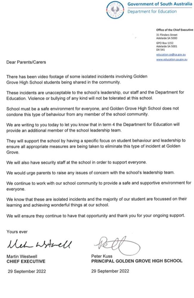 A letter sent to parents regarding the situation at Golden Grove High School