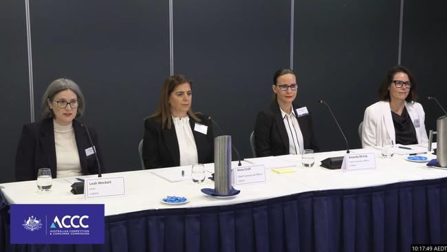 Coles CEO Leah Weckert, left, appears with other executives before an ACCC public hearing as part of the supermarkets inquiry.