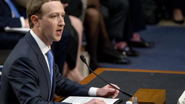 Mark Zuckerberg testifies before a joint hearing of the Commerce and Judiciary Committees on Capitol Hill. Picture: AP.