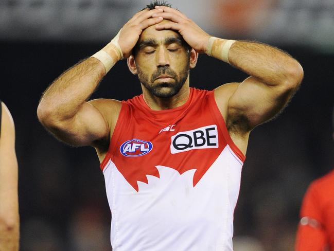 Adam Goodes can’t believe he missed the chance to win the game for the Swans.