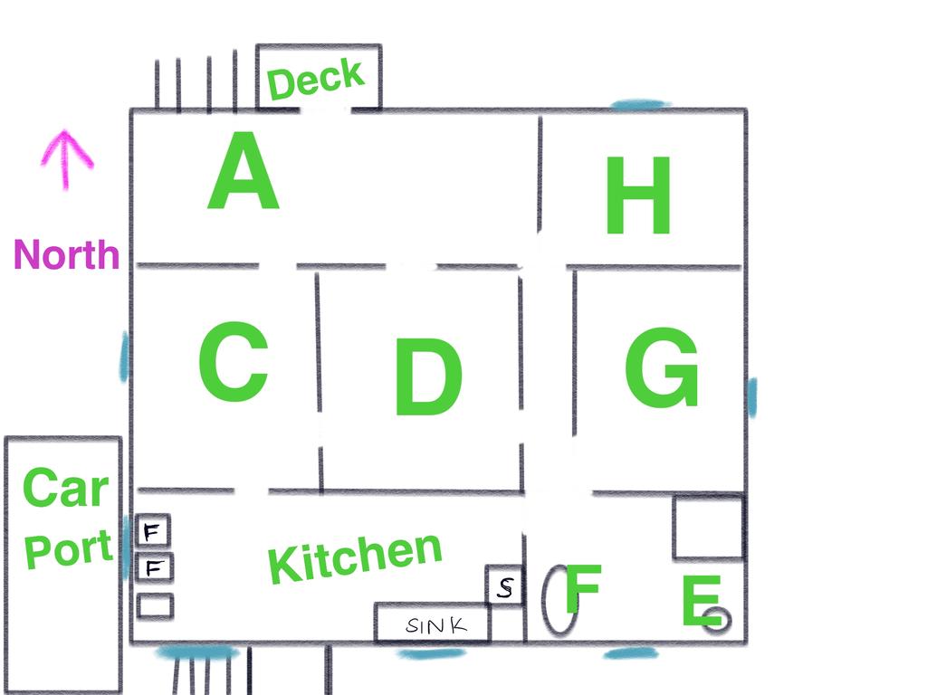 A diagram created by Kerri-Anne Mesner based on observations of a floor plan of Craig Paul Carrington's house was shown to a jury during his trial on September 27, 2022, for alleged arson and attempted fraud. The original diagram was created by the fire investigator, QPS's Sergeant Rebecca Bennett. The blue lines are where windows were located.