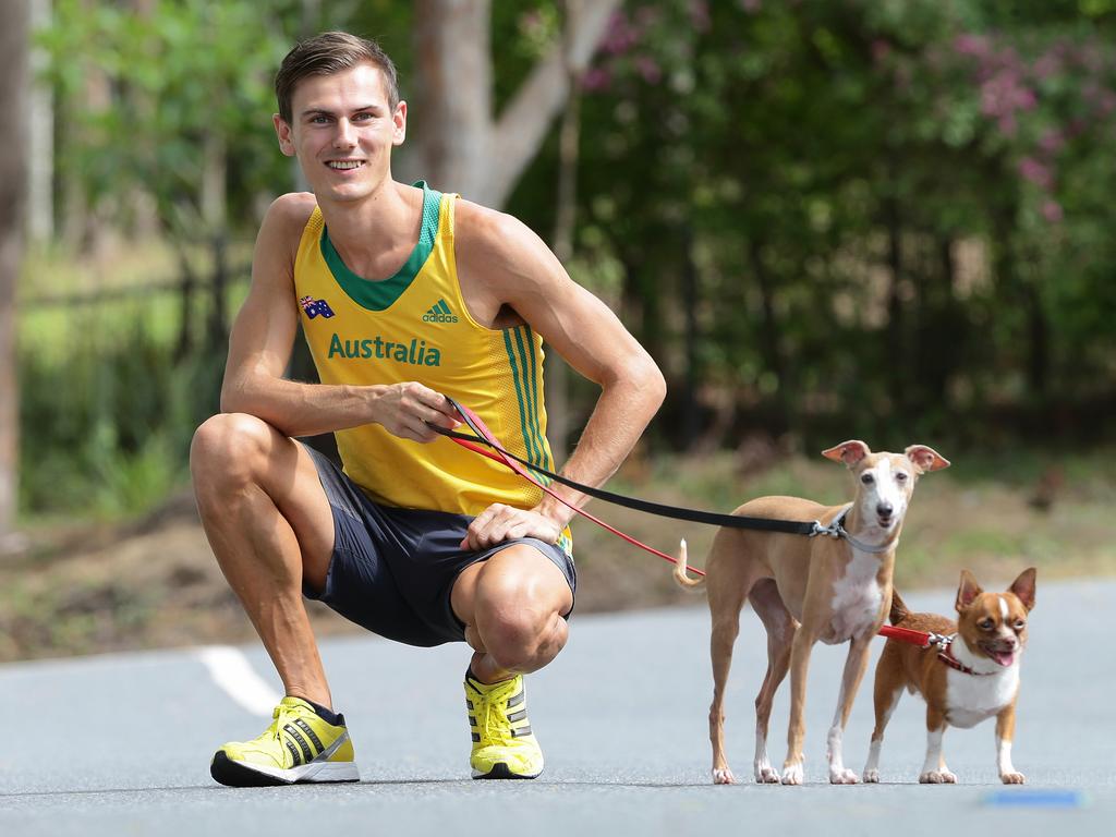 Dane Bird-Smith’s training partners, Pina and Rocky, have differing degrees of success keeping up with him. Picture: Peter Wallis