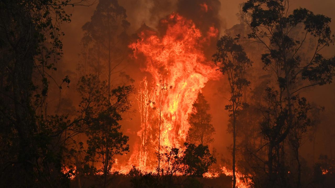 A fire rages in Bobin, 350km north of Sydney, as firefighters try to contain dozens of out-of-control blazes that are raging in New South Wales. Picture: Peter Parks/AFP