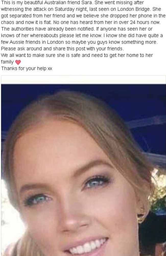 Sara Zelenak is missing from Brisbane. She was caught up in the London terror attacks. Picture: Facebook/Sara Zelenak