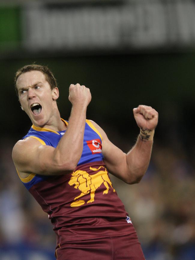 Bradd Dalziell celebrates the first goal of his career.