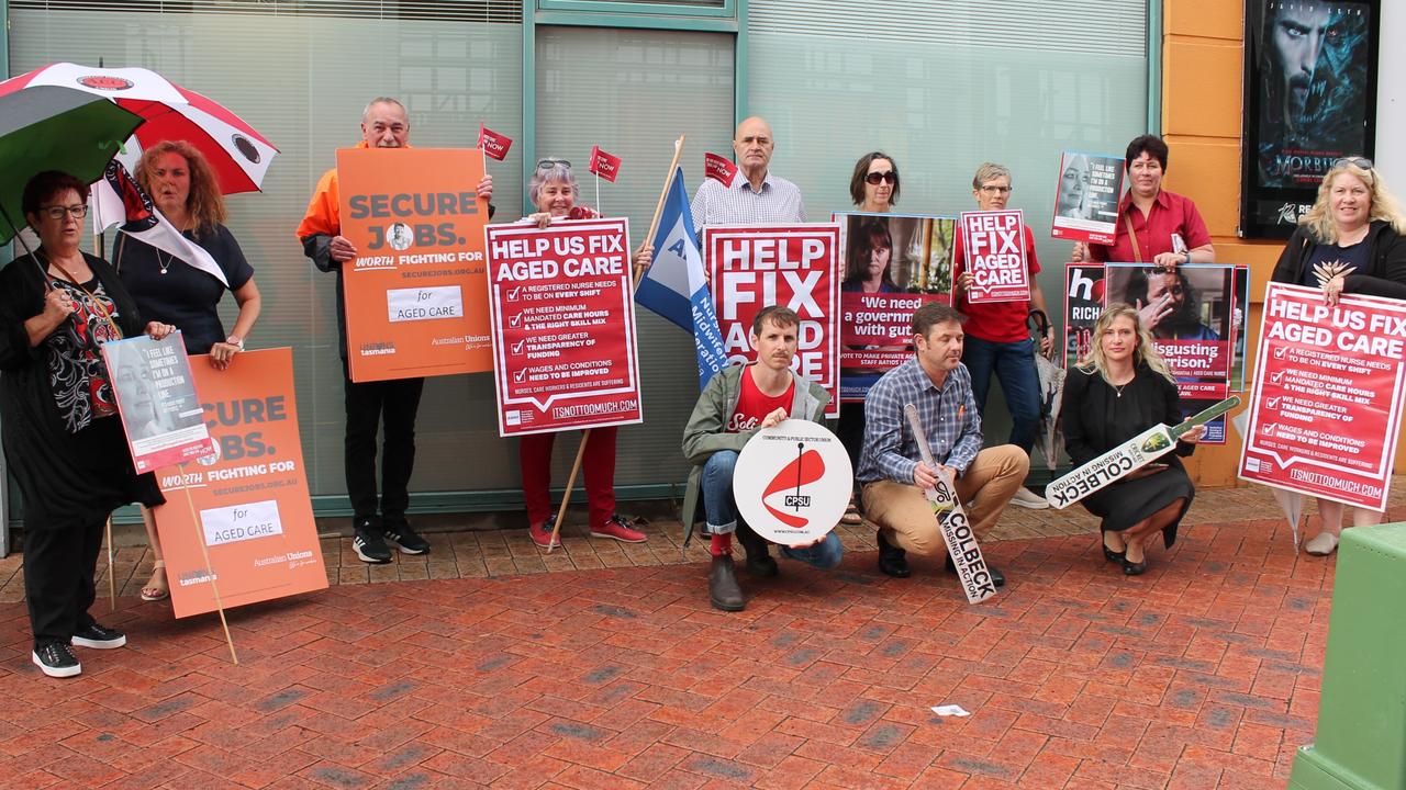 Labor Senator Anne Urquhart and Braddon candidate Chris Lynch with aged care workers as part of a national day of protest.