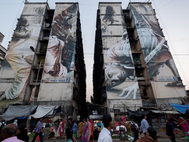 The artist doesn't just paint in Australia. This is work he did in Dharavi.