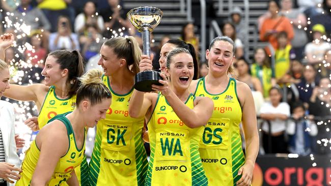 Diamonds captain Liz Watson of Australia holds up the Constellation Cup. Picture: Bradley Kanaris/Getty Images