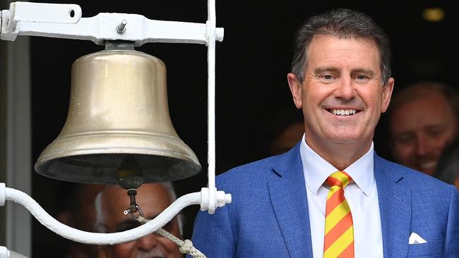 LONDON, ENGLAND - JULY 01: Mark Taylor rings the 5 minute bell prior to Day Four of the LV= Insurance Ashes 2nd Test match between England and Australia at Lord's Cricket Ground on July 01, 2023 in London, England. (Photo by Stu Forster/Getty Images)