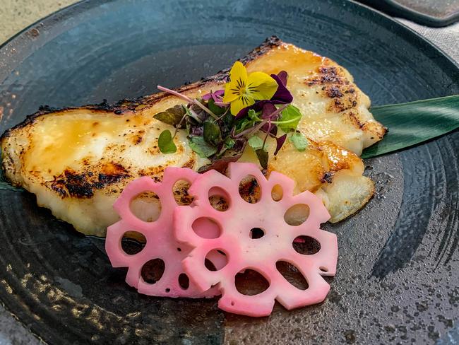 The Glaciar51 Toothfish saikyo yaki with renkon pickle. Picture: Jenifer Jagielski