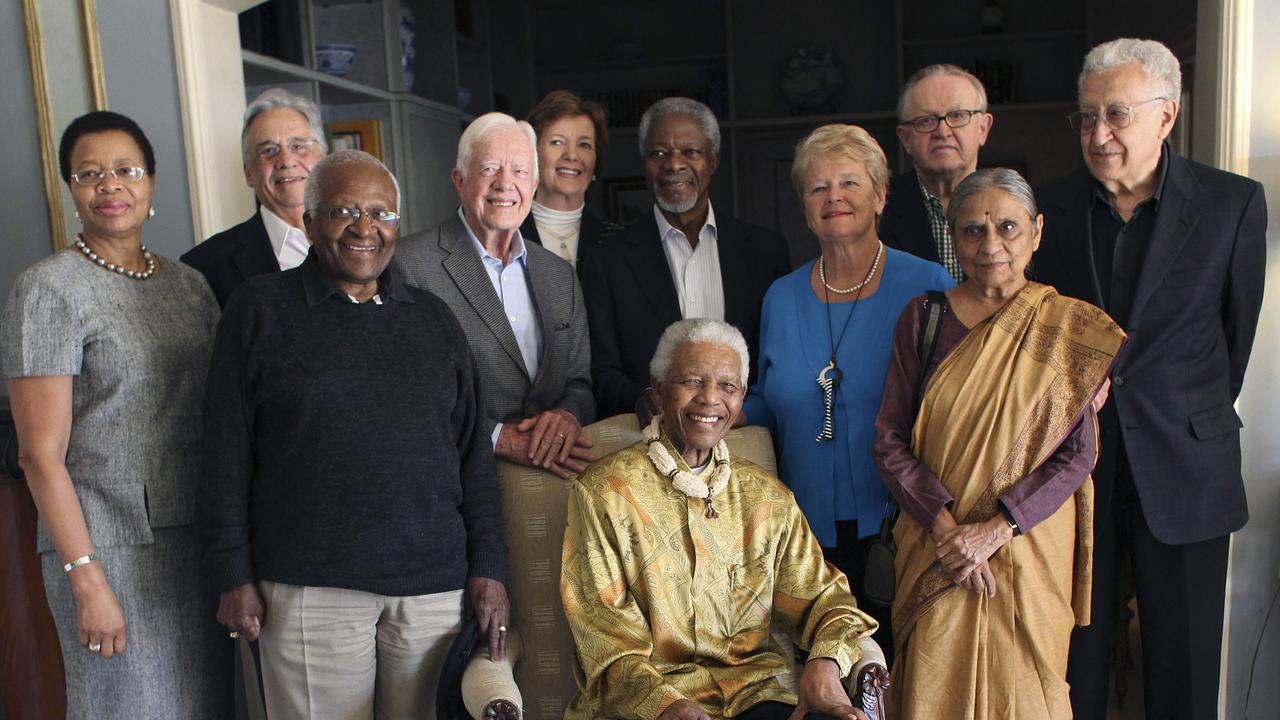 The Elders: Former Brazilian president Fernando Henrique Cardoso, former US president Jimmy Carter, former Irish president Mary Robinson, former secretary-general of the UN Kofi Annan, former prime minister of Norway Gro Brundtland, former president of Finland Martti Ahtisaari and UN ambassador Lakhdar Brahimi. Mandela's wife, Graca Machel, South African cleric Desmond Tutu, former South Africa president and group founder Nelson Mandela, and Indian philanthropist Ela Bhatt pictured in 2010. Picture: AP Photo/Jeff Moore