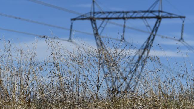 Dry grass is seen near an electricity tower outside Canberra, Friday, Feb. 10, 2017. (AAP Image/Lukas Coch) NO ARCHIVING