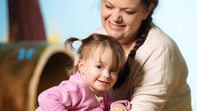 MELBOURNE, MAY 30, 2024: Maisie, 2 and her mother Amanda pictured at Monash Childrens Hospital. A major study of vulnerable Victorian babies shows it is possible to accurately predict those likely to develop cerebral palsy (CP) years earlier than previously thought. Picture: Mark Stewart