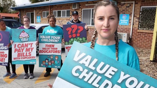 Centre Director Anne Pickels, 33, protesting with staff in the carpark, Protest demanding childcare workers are better paid, Goodstart Bellbird Park. Picture: Liam Kidston