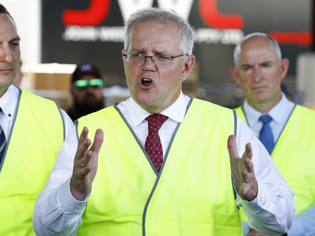 Prime Minister Scott Morrison speaks to the media during a visit to John West Logistics in Brisbane. Picture: NCA NewsWire/Tertius Pickard