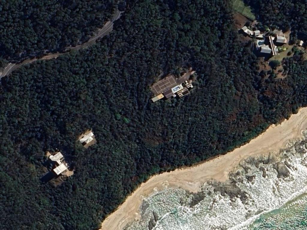 An aerial view of John Adams’ holiday home, which includes a tennis court, on the Great Ocean Rd near Lorne.