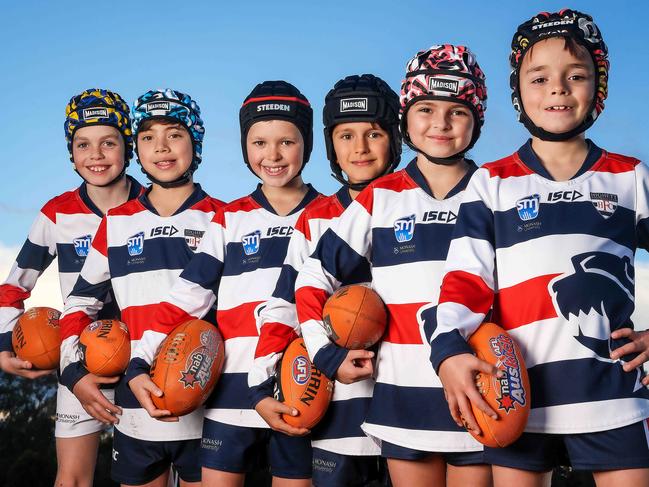 Highett Football Club junior players wearing helmets during matches.Under 9 and 10 players left to right are Xavier , Mason , Lenny , Fletcher , Healey and Phoenix.  Picture : Ian Currie