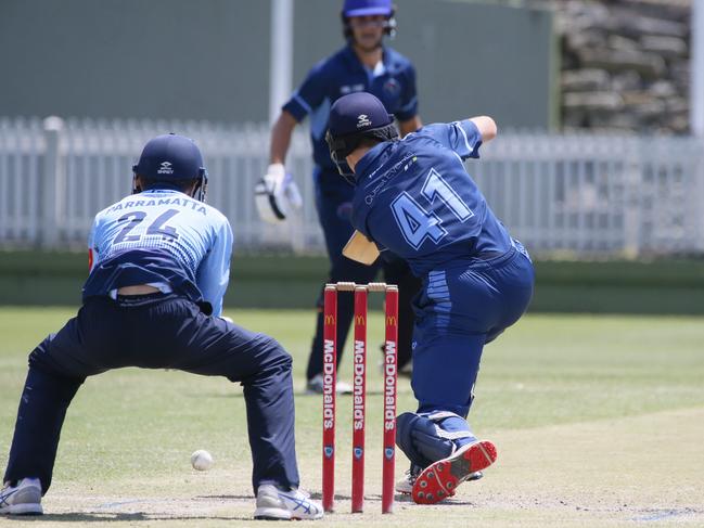 Manly’s Miles Milliner drives down the ground. Picture: Warren Gannon Photography