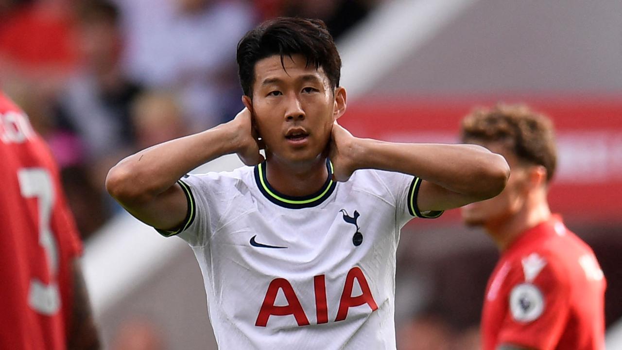 Tottenham Hotspur's South Korean striker Son Heung-Min reacts to a missed chance during the English Premier League football match between Nottingham Forest and Tottenham Hotspur at The City Ground in Nottingham, central England, on August 28, 2022. (Photo by Oli SCARFF / AFP) / RESTRICTED TO EDITORIAL USE. No use with unauthorised audio, video, data, fixture lists, club/league logos or 'live' services. Online in-match use limited to 120 images. An additional 40 images may be used in extra time. No video emulation. Social media in-match use limited to 120 images. An additional 40 images may be used in extra time. No use in betting publications, games or single club/league/player publications. /