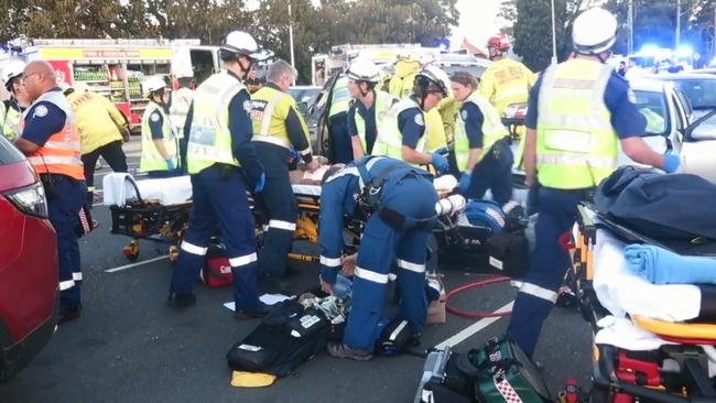 Emergency crews responding to multiple injuries at the scene on Windsor Road in Baulkham Hills. Picture: TNV