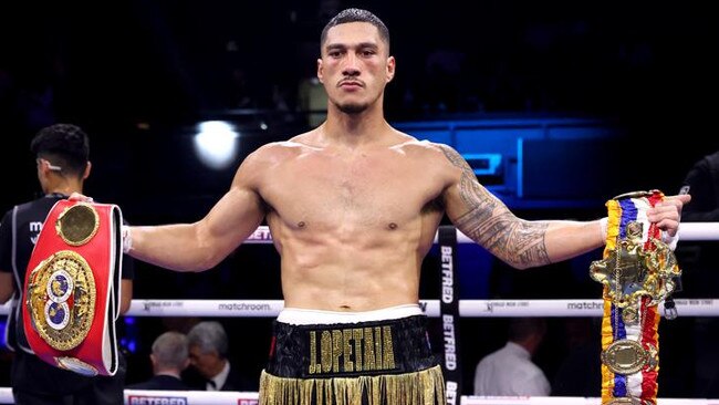 Jai Opetaia poses with his belts following the IBF World Cruiserweight Title Fight against Jordan Thompson at the OVO Arena Wembley, London. Picture date: Saturday September 30, 2023. (Photo by Bradley Collyer/PA Images via Getty Images)