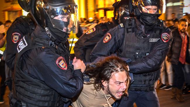 Russian police detain an anti-war protester in Moscow. Picture: AFP