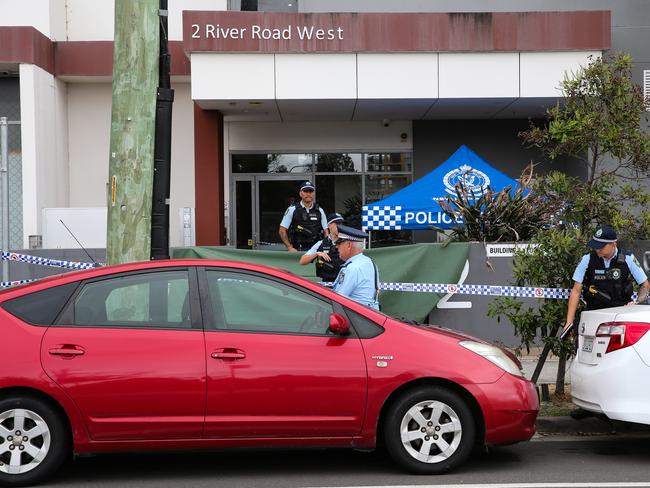 Police at the scene where Ms Dahal died after falling from the seventh floor. Picture: NewsWire/Gaye Gerard