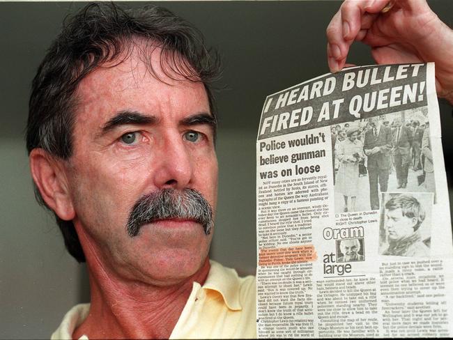 Former senior New Zealand detective Tom Lewis, holding a newspaper column report of Christopher Lewis' assassination attempt on the Queen.