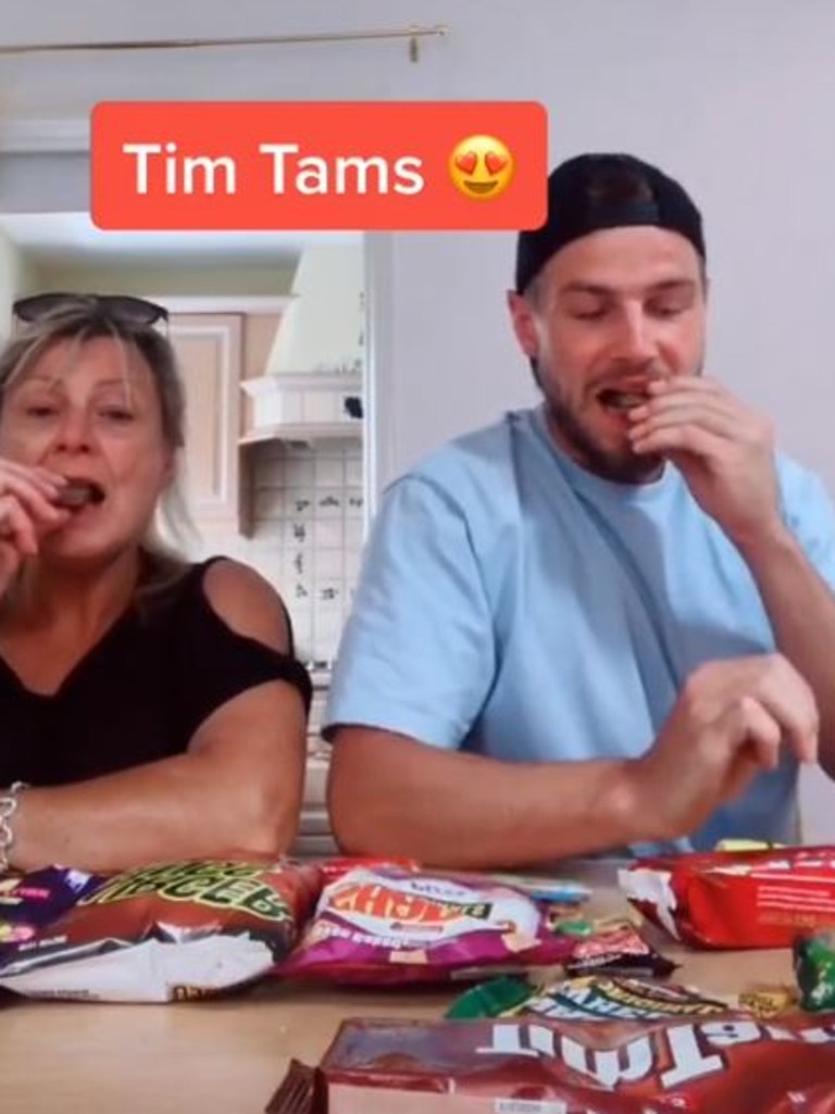 He may not have enjoyed Vegemite but Red Skins, Fantales and of course Tim Tams were a winner. Picture: TikTok/Coatesy95