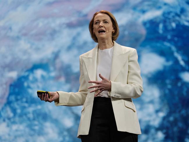 Telstra CEO and Managing Director Vicki Brady delivers a speech during Keynote 1 at the MWC (Mobile World Congress), the world's biggest mobile fair, in Barcelona on March 3, 2025. Surrounded by investment and innovation projects, the Mobile World Congress (MWC) kicks off today in Barcelona amid a context of euphoria but also tensions over artificial intelligence (AI), whose rapid advancement is shaking up the tech sector. (Photo by LLUIS GENE / AFP)