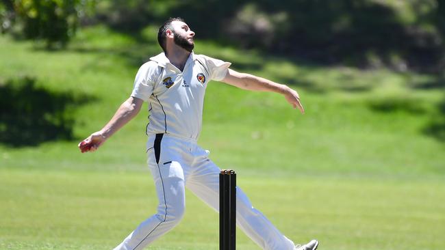 Indooroopilly bowler Scott Mainey Sub districts cricket. Indooroopilly v Cleveland Thornlands. Saturday November 13, 2021. Picture, John Gass