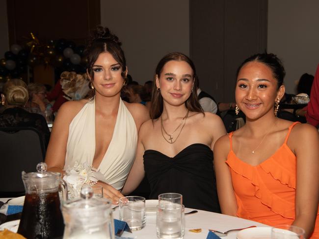 Summer Malone, Brooke McQuinn and Aaliyah Mukhlis at the Year 12 School formals of NT Christian College at Darwin Convention Centre, Darwin. Picture: Pema Tamang Pakhrin.