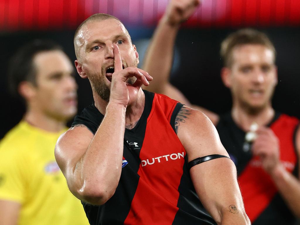 Jake Stringer celebrates a goal against the Dogs. (Photo by Quinn Rooney/Getty Images)