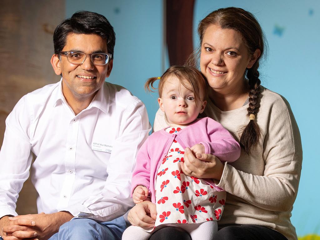 Study participant Maisie, 2 and her mother Amanda pictured with Associate Professor Atul Malhotra at Monash Children’s Hospital. Picture: Mark Stewart